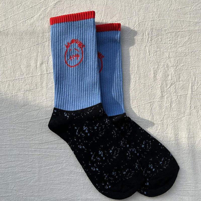 Color Block Crew Socks with Embroidered Face