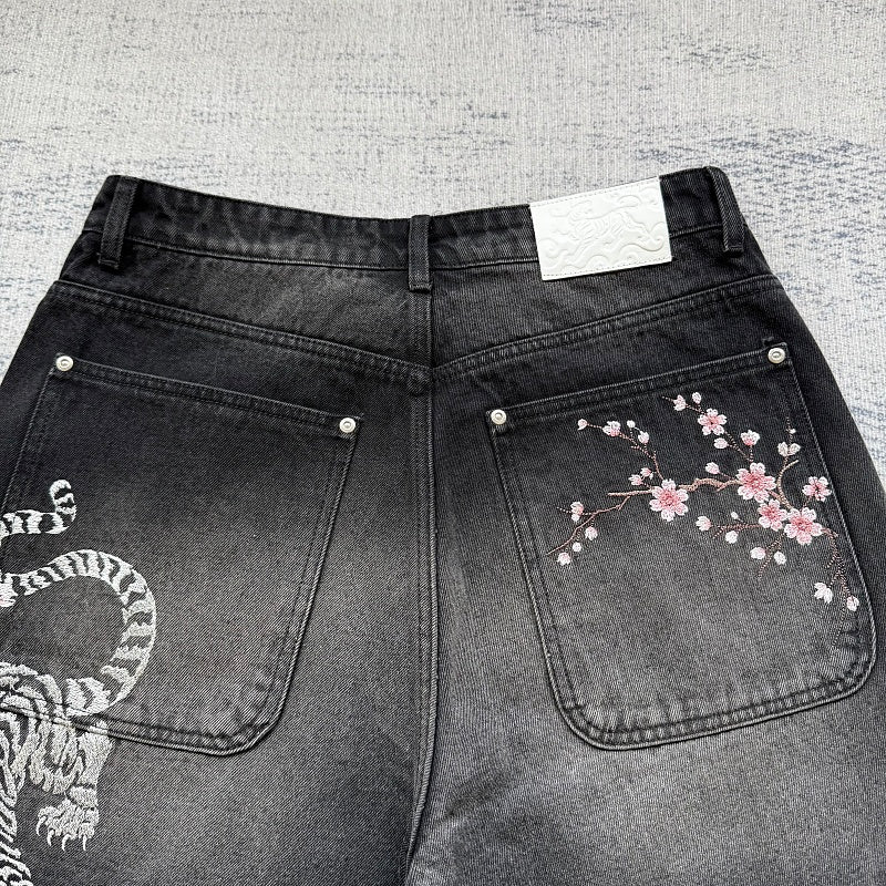 Black Washed Denim Shorts - Tiger/Sakura Embroidery