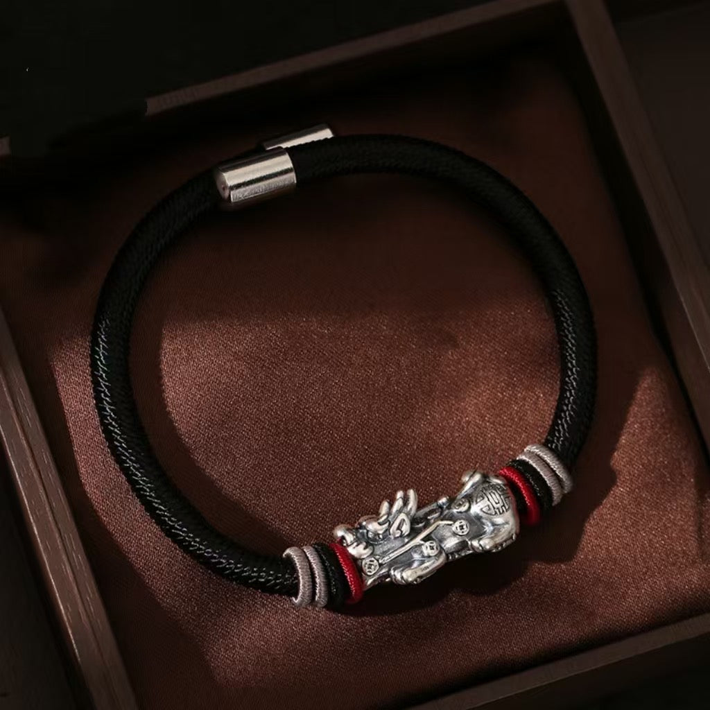 999 Silver Pixiu Handmade Rope Bracelet-Attract Luck