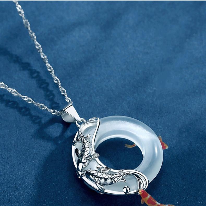 Feng Shui 925 Silver Koi Fish Moonstone Pendant Necklace