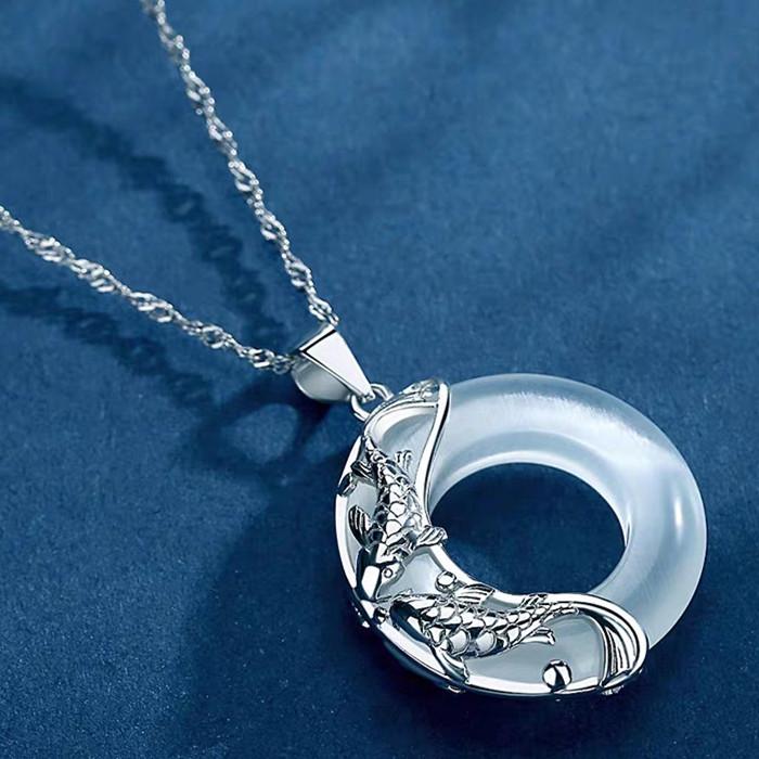Feng Shui 925 Silver Koi Fish Moonstone Pendant Necklace