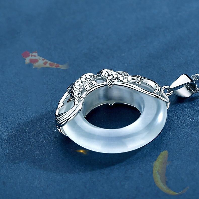 Feng Shui 925 Silver Koi Fish Moonstone Pendant Necklace