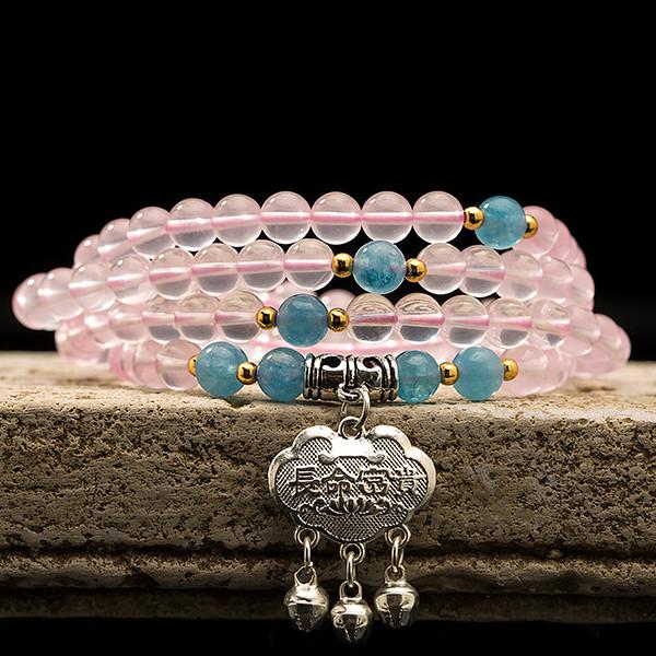 Feng Shui Long Life Lock Pink Crystal 108 Beads Healing Necklace