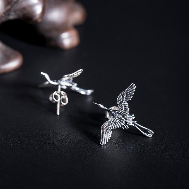 Fengshui Crane 925 Sterling Silver Stud Earrings
