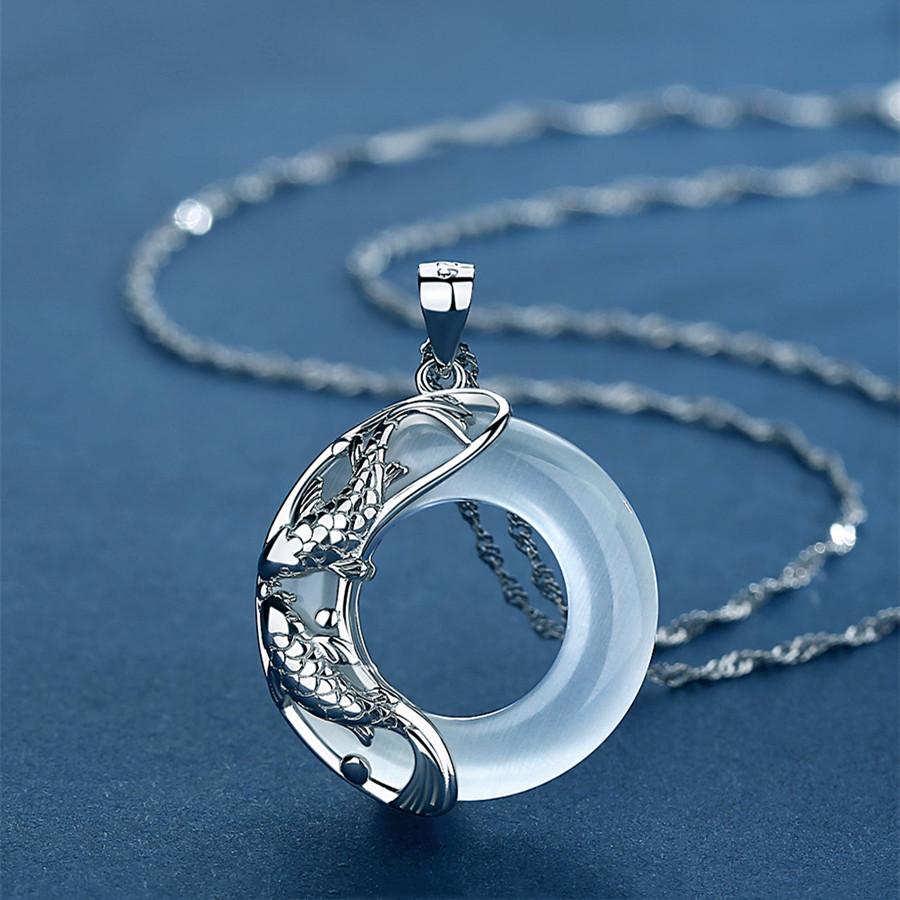 Fengshui Koi Fish Moonstone 925 Silver Pendant Necklace