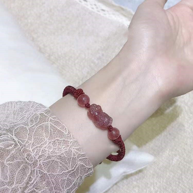 Fengshui Pixiu Couple Bracelet-Strawberry Crystal-Golden Obsidian