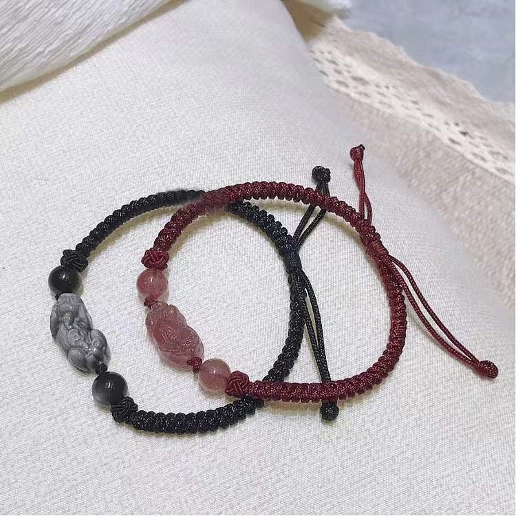 Fengshui Pixiu Couple Bracelet-Strawberry Crystal-Golden Obsidian