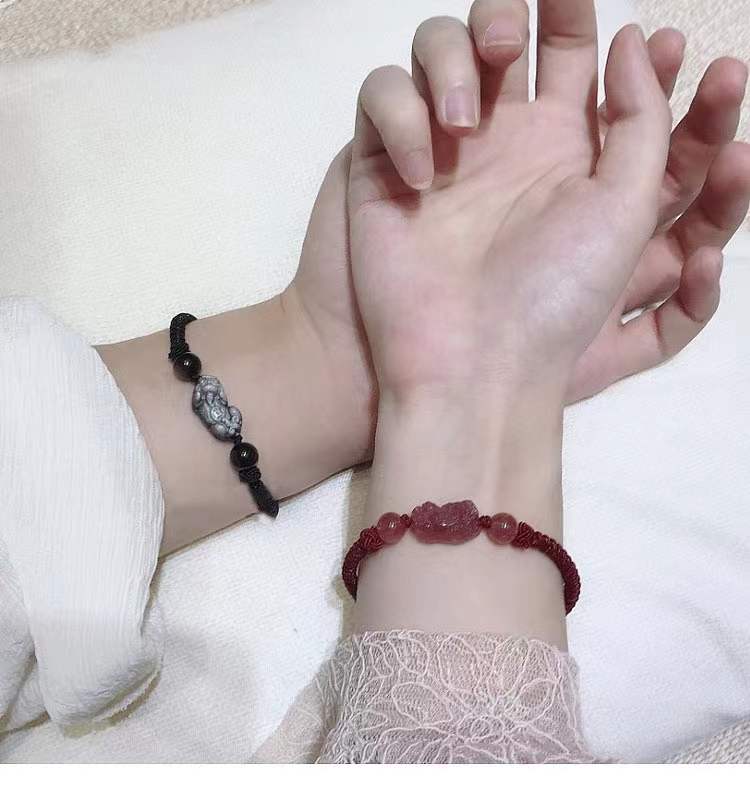 Fengshui Pixiu Couple Bracelet-Strawberry Crystal-Golden Obsidian