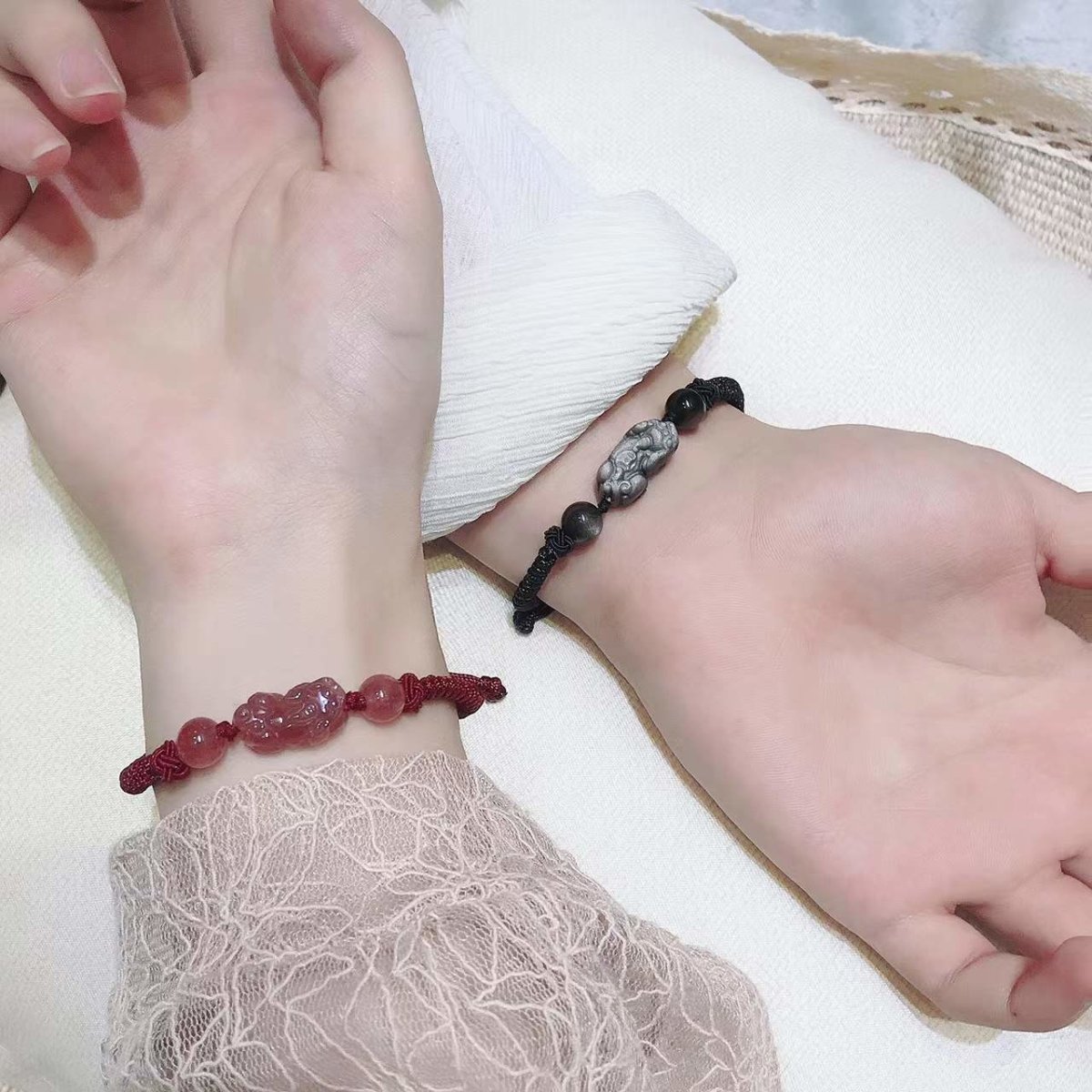 Fengshui Pixiu Couple Bracelet-Strawberry Crystal-Golden Obsidian