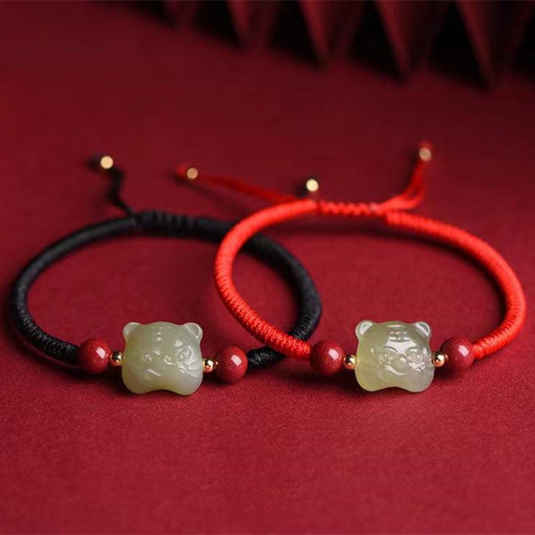 Fengshui Tiger Natural Green Jade Red String Bracelet-2022 Tiger Year