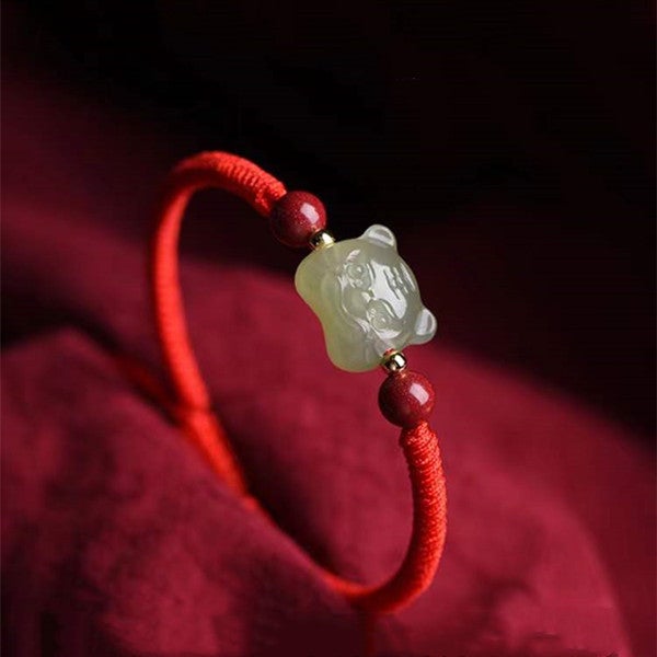 Fengshui Tiger Natural Green Jade Red String Bracelet-2022 Tiger Year