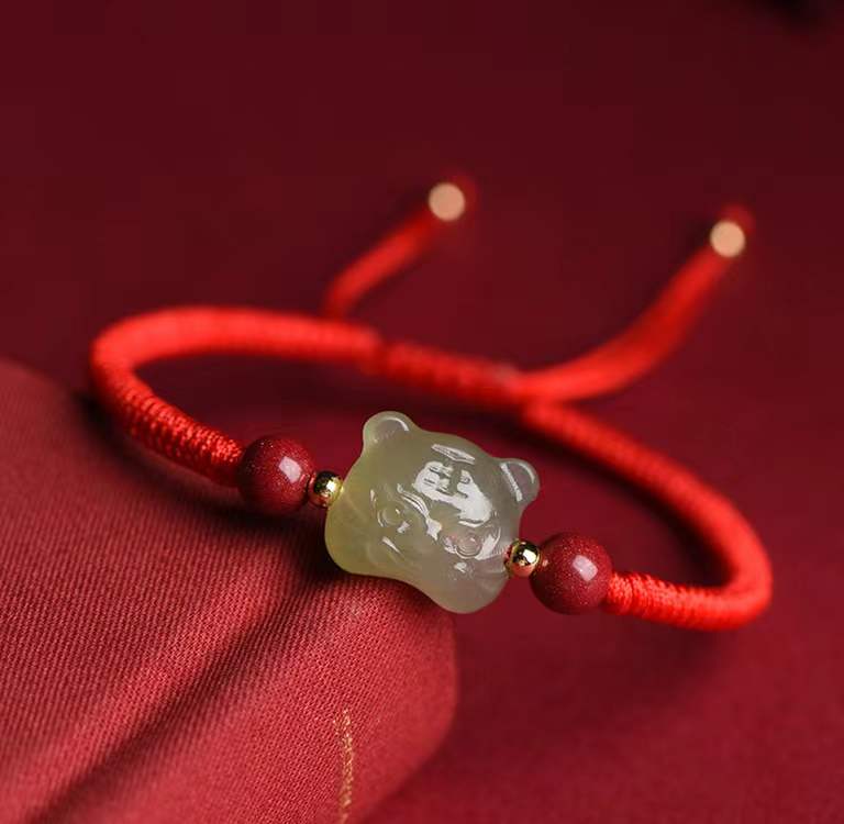 Fengshui Tiger Natural Green Jade Red String Bracelet-2022 Tiger Year