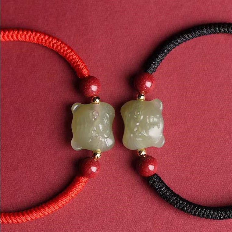 Fengshui Tiger Natural Green Jade Red String Bracelet-2022 Tiger Year