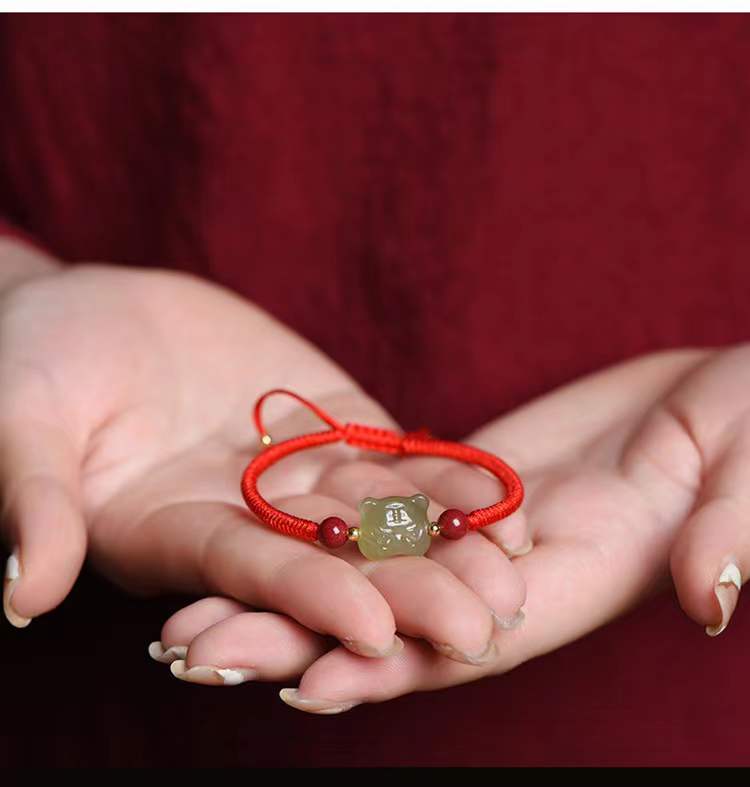 Fengshui Tiger Natural Green Jade Red String Bracelet-2022 Tiger Year