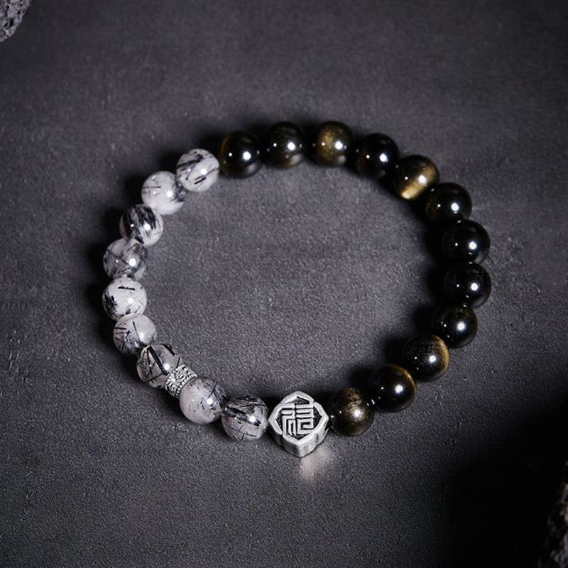 Fu Symbol Golden Sheen Obsidian & Black Rutilated Quartz Bracelet-Fortune in Balance