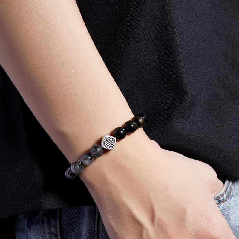 Fu Symbol Golden Sheen Obsidian & Black Rutilated Quartz Bracelet-Fortune in Balance