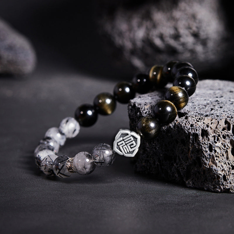 Fu Symbol Golden Sheen Obsidian & Black Rutilated Quartz Bracelet-Fortune in Balance