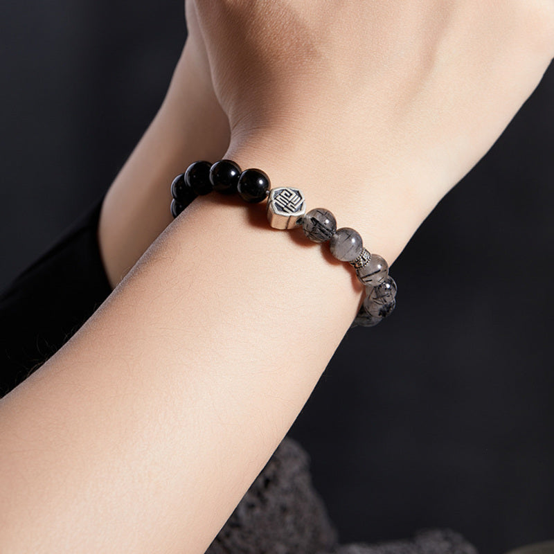 Fu Symbol Golden Sheen Obsidian & Black Rutilated Quartz Bracelet-Fortune in Balance