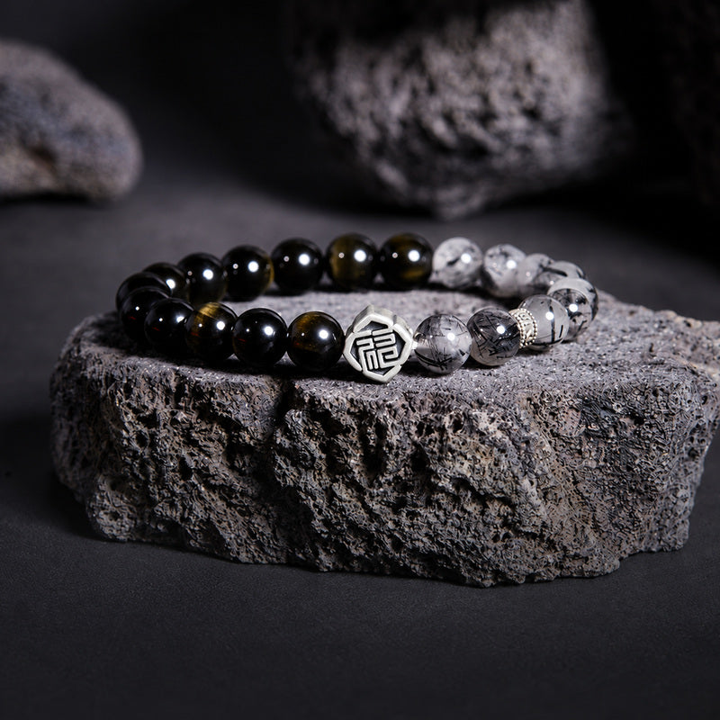Fu Symbol Golden Sheen Obsidian & Black Rutilated Quartz Bracelet-Fortune in Balance