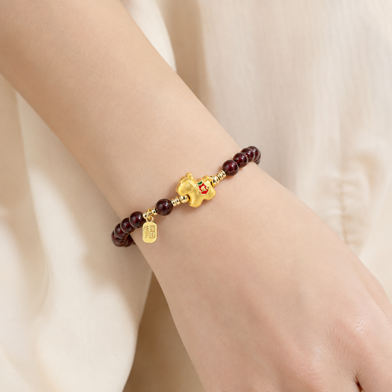 Gold-Plated Silver Lucky Horse Garnet Bracelet-Steady Beyond Obstacles