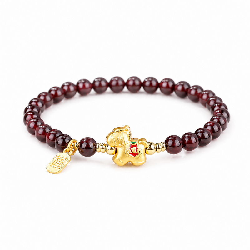 Gold-Plated Silver Lucky Horse Garnet Bracelet-Steady Beyond Obstacles