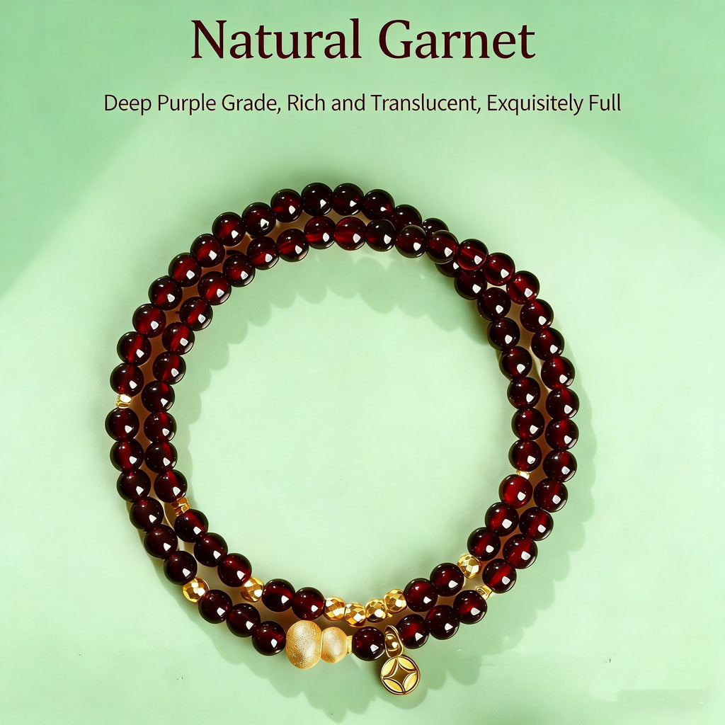 Fortune Blessing Garnet Double Wrap Bracelet-18K Gold-Plated Hulu Gourd Charm