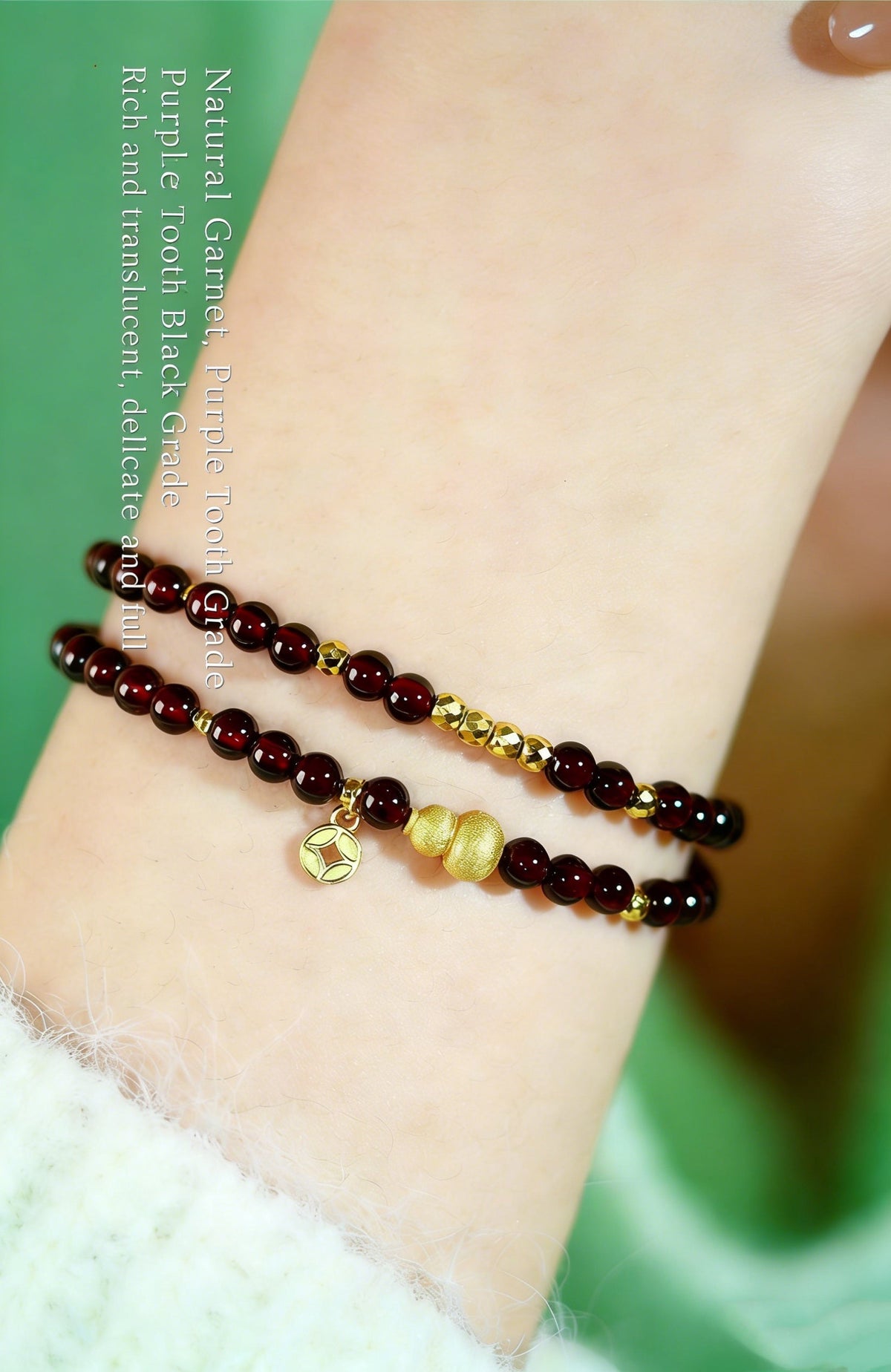 Fortune Blessing Garnet Double Wrap Bracelet-18K Gold-Plated Hulu Gourd Charm