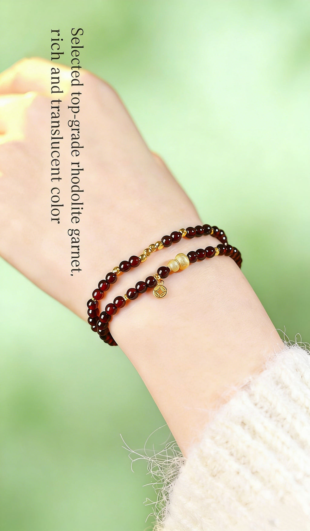 Fortune Blessing Garnet Double Wrap Bracelet-18K Gold-Plated Hulu Gourd Charm