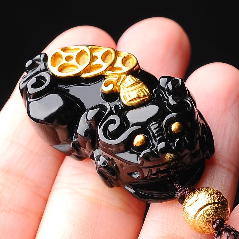 Gold Coin Pixiu Obsidian Wealth Pendant Necklace