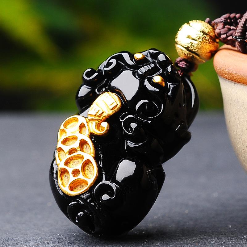 Gold Coin Pixiu Obsidian Wealth Pendant Necklace