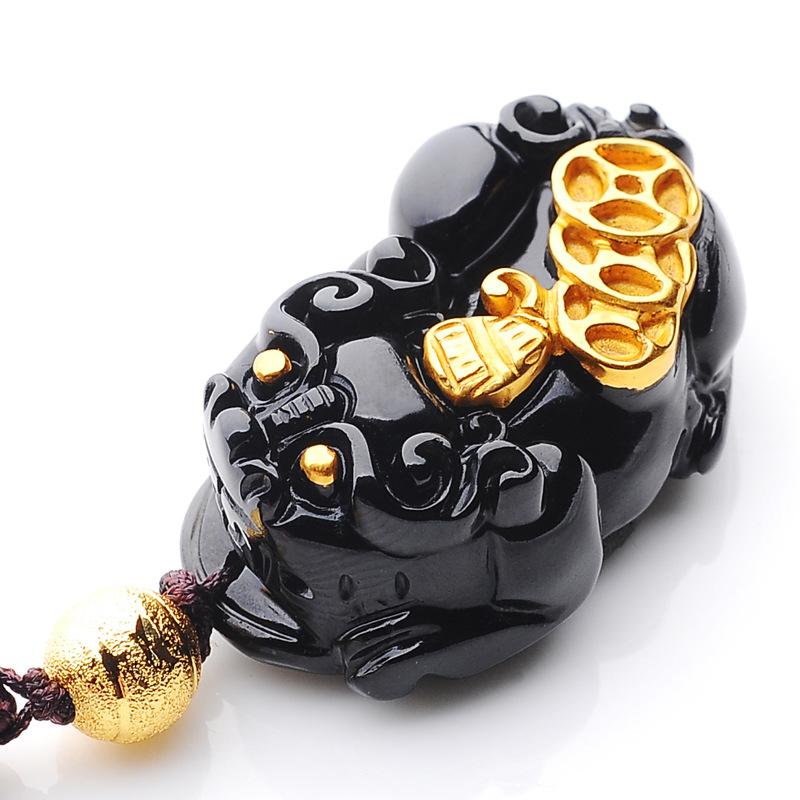 Gold Coin Pixiu Obsidian Wealth Pendant Necklace