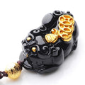 Gold Coin Pixiu Obsidian Wealth Pendant Necklace