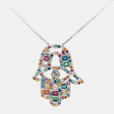 Gold Diamond Hand Of Fatima Protection Pendant Necklace
