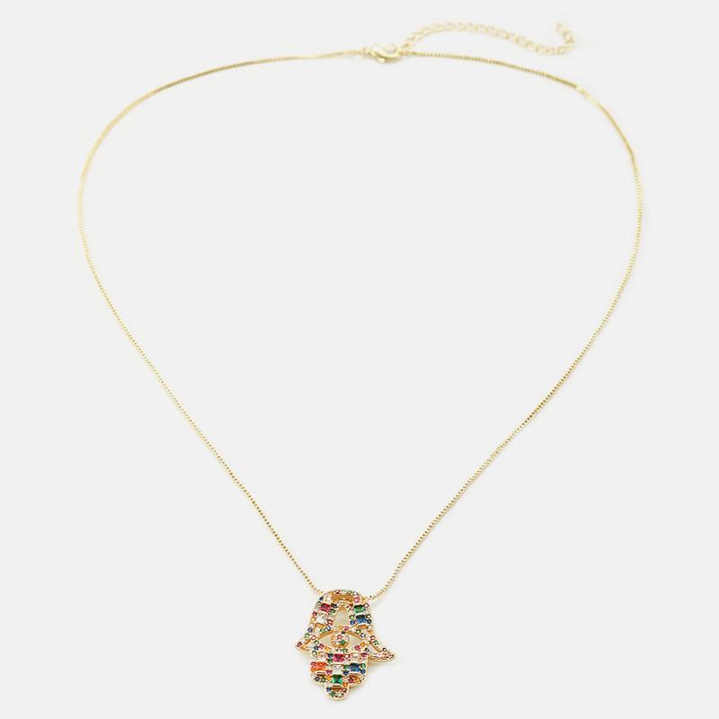 Gold Diamond Hand Of Fatima Protection Pendant Necklace