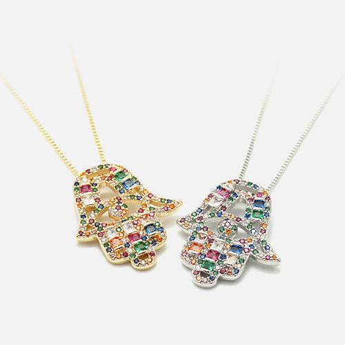 Gold Diamond Hand Of Fatima Protection Pendant Necklace