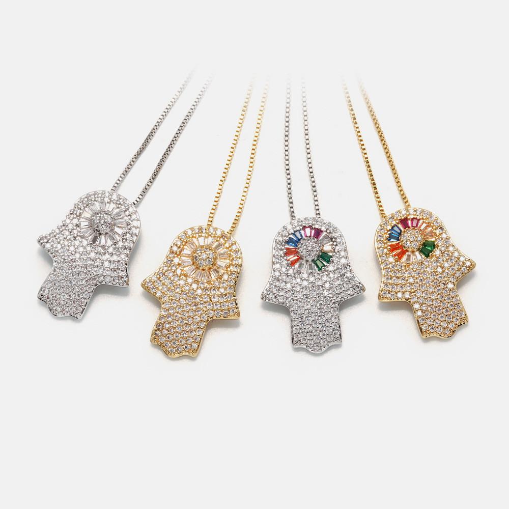 Gold Diamond Rainbow Crystal Hand Of Fatima Protection Pendant Necklace