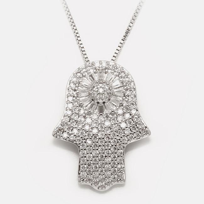 Gold Diamond Rainbow Crystal Hand Of Fatima Protection Pendant Necklace