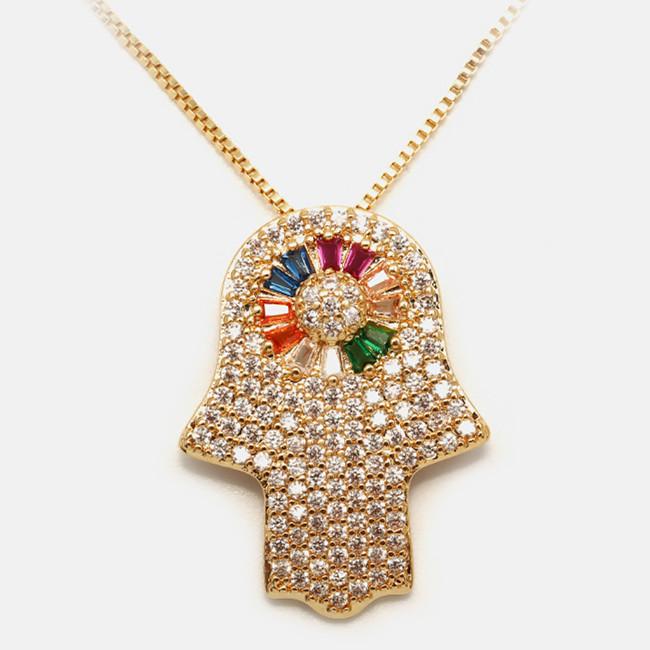 Gold Diamond Rainbow Crystal Hand Of Fatima Protection Pendant Necklace