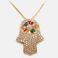 Gold Diamond Rainbow Crystal Hand Of Fatima Protection Pendant Necklace