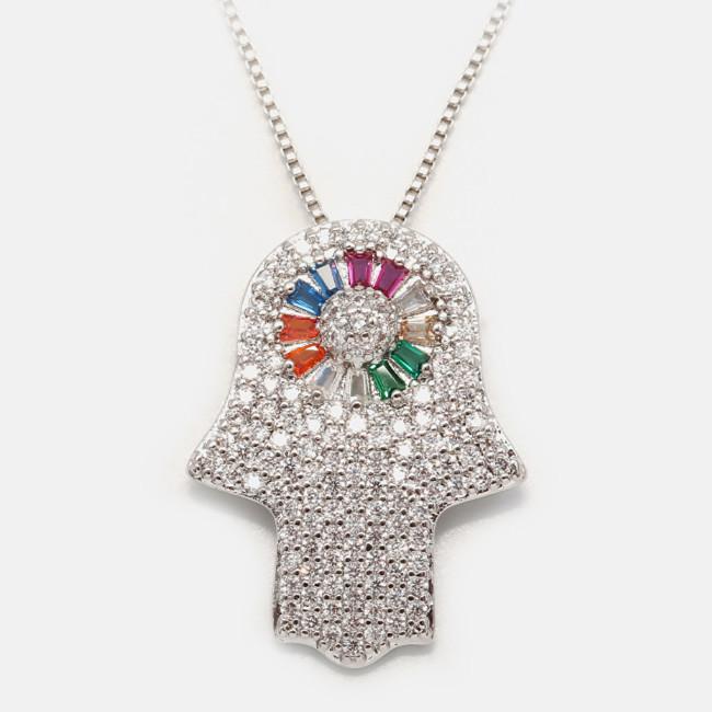 Gold Diamond Rainbow Crystal Hand Of Fatima Protection Pendant Necklace