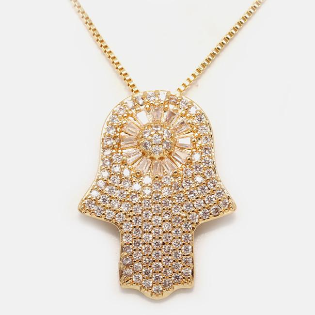 Gold Diamond Rainbow Crystal Hand Of Fatima Protection Pendant Necklace