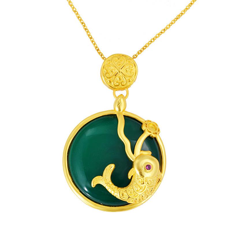 Gold Feng Shui Koi Fish Green Jade Pendant Necklace