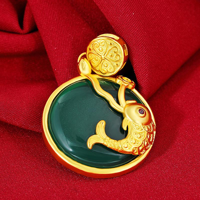 Gold Feng Shui Koi Fish Green Jade Pendant Necklace