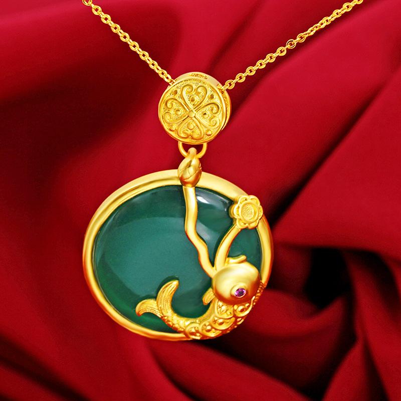 Gold Feng Shui Koi Fish Green Jade Pendant Necklace