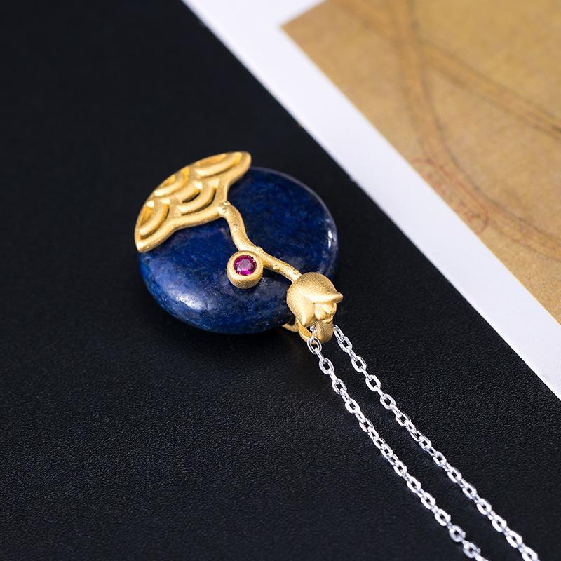 Gold Lotus Lazuli Stone Wealth Pendant Silver Necklace