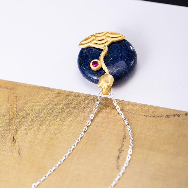 Gold Lotus Lazuli Stone Wealth Pendant Silver Necklace