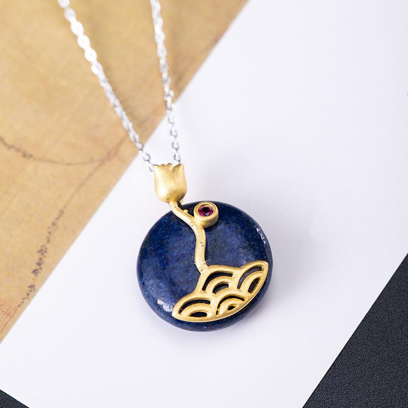 Gold Lotus Lazuli Stone Wealth Pendant Silver Necklace