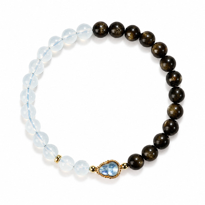 Clarity in Motion-Gold Obsidian Aquamarine Gourd Bracelet