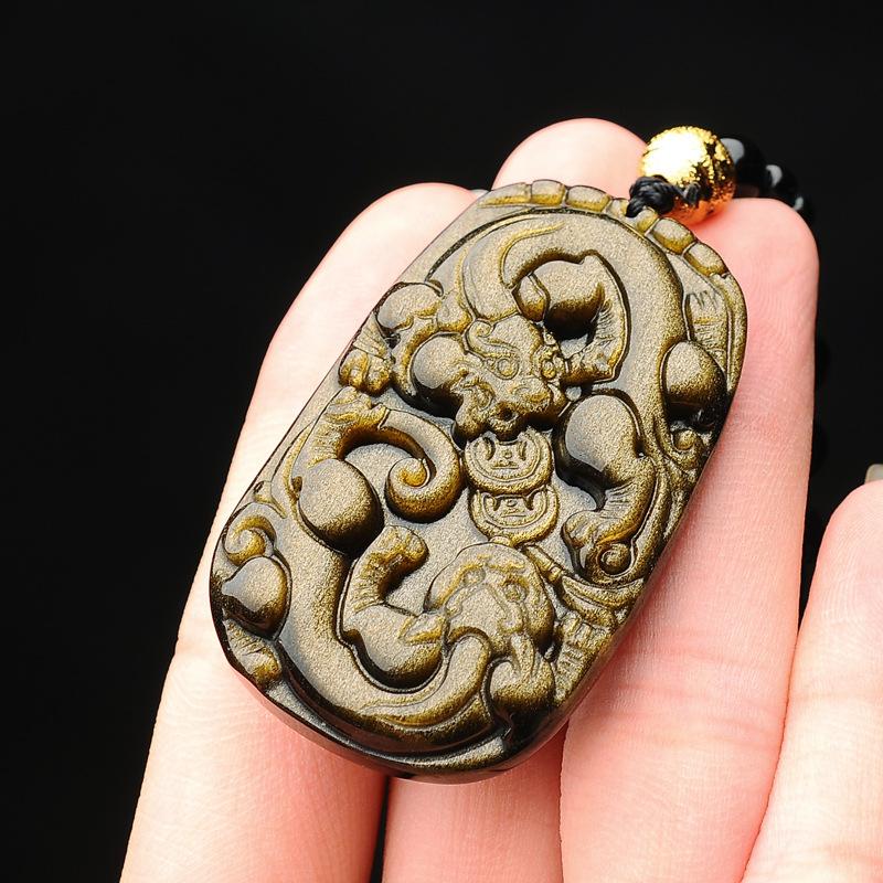 Gold Obsidian Pixiu Protection Pendant Necklace(Gold Sheen Obsidian)