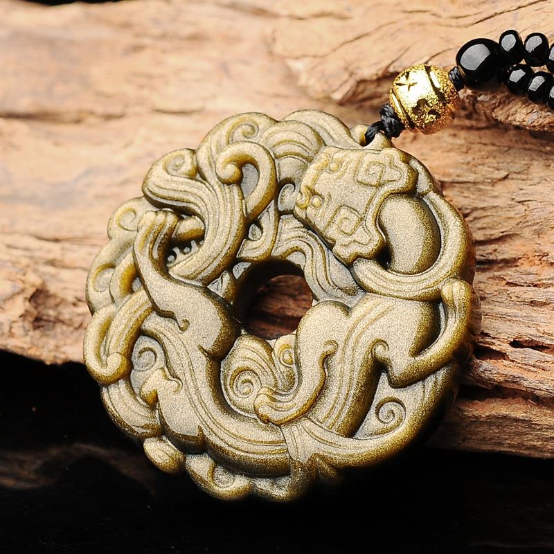 Gold Obsidian Pixiu Protection Pendant Necklace(Gold Sheen Obsidian)